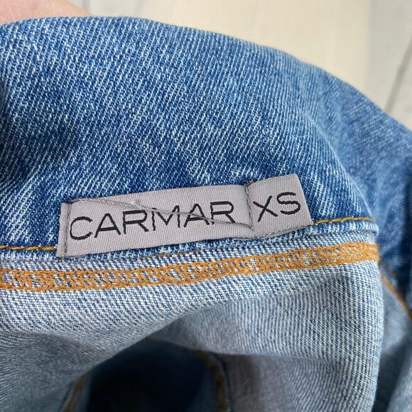 Carmar Tapestry Crop Jean Jacket Blue Denim LF Lace Boxy Festival Boho Size XS - Picture 6 of 9